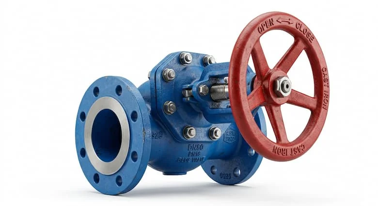Van cổng gang đúc siêu thực, thân van phủ epoxy màu xanh lam, tay quay màu đỏ, hình ảnh sản phẩm van công nghiệp