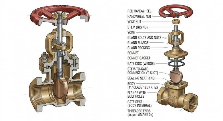 Mặt cắt ngang của van cổng KITZ, thể hiện đĩa van, trục van, nắp van, thân van, vòng đệm kín và tay quay, hình minh họa kỹ thuật, hình chiếu tháo rời