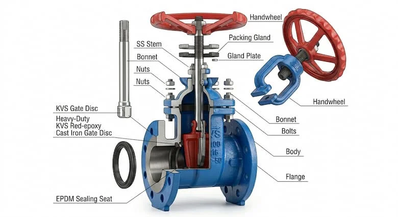 Mặt cắt ngang của van cổng KVS, thể hiện đĩa van, trục van bằng thép không gỉ, nắp van, thân van, gioăng làm kín EPDM và tay quay