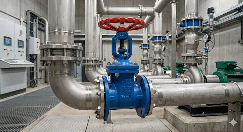Van cổng KVS được lắp đặt trong hệ thống đường ống cấp nước đô thị, van cổng gang dẻo màu xanh lam với kết nối mặt bích