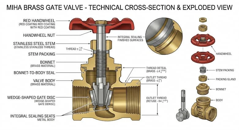 Mặt cắt ngang của van cổng bằng đồng thau Miha, thể hiện đĩa van, trục van bằng thép không gỉ, nắp van, thân van, vòng đệm kín và tay quay, hình minh họa kỹ thuật chi tiết