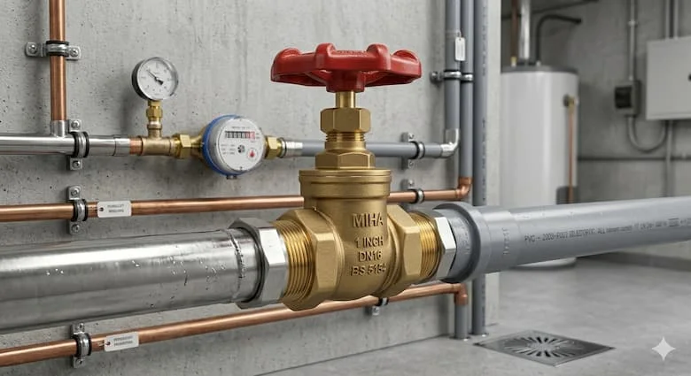 Van cổng bằng đồng thau Miha được lắp đặt trong hệ thống cấp nước dân dụng, kết nối với đường ống PVC và thép không gỉ, môi trường hệ thống ống nước hiện đại