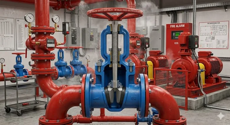 Van cổng OS&Y được lắp đặt trong hệ thống phòng cháy chữa cháy, mạng lưới đường ống phun nước màu đỏ, môi trường phòng bơm chữa cháy, van gang dẻo có mặt bích với trục van nâng lên có thể nhìn thấyVan cổng OS&Y được lắp đặt trong hệ thống phòng cháy chữa cháy, mạng lưới đường ống phun nước màu đỏ, môi trường phòng bơm chữa cháy, van gang dẻo có mặt bích với trục van nâng lên có thể nhìn thấy
