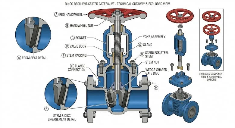Mặt cắt ngang của van cổng Rinco, thể hiện đĩa van, trục van bằng thép không gỉ, nắp van, thân van, gioăng làm kín EPDM, khớp nối mặt bích và tay quay
