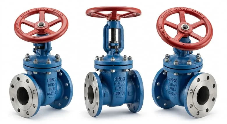 Van cổng Rinco siêu thực, thân bằng gang dẻo phủ epoxy màu xanh lam, tay quay màu đỏ, hình ảnh sản phẩm van công nghiệp