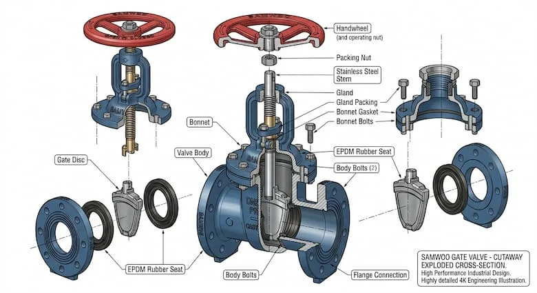 Mặt cắt ngang của van cổng Samwoo, thể hiện đĩa van, trục van bằng thép không gỉ, nắp van, thân van, gioăng cao su EPDM, khớp nối mặt bích và tay quay