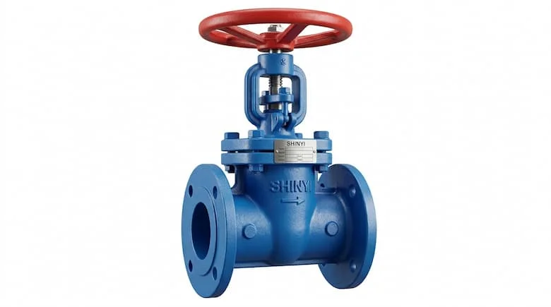 Van cổng Shinyi siêu thực, thân bằng gang dẻo phủ epoxy màu xanh lam, tay quay màu đỏ, hình ảnh sản phẩm van công nghiệp, chụp riêng biệt trên nền trắng tinh khiết