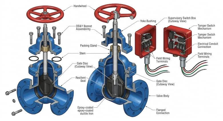 Hình chiếu mặt cắt của van cổng giám sát có công tắc chống phá hoại, thể hiện thân van, đĩa van, trục van, tay quay, hộp công tắc giám sát và kết nối dây dẫn