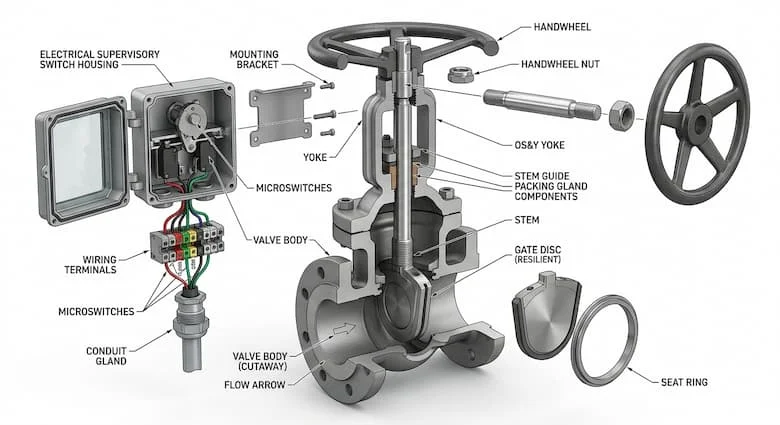 Mặt cắt ngang của van cổng tín hiệu điện, thể hiện thân van, trục van, đĩa van, tay quay, công tắc điều khiển điện, các đầu nối dây và các bộ phận giám sát, hình minh họa kỹ thuật