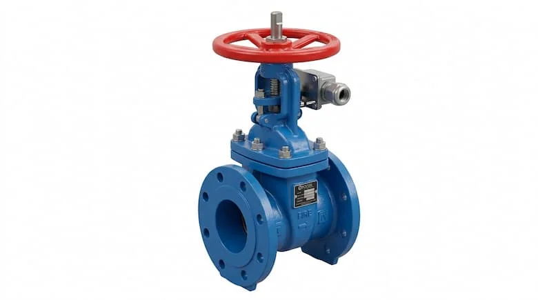 Van cổng giám sát điện cực kỳ chân thực với công tắc chống phá hoại, thân bằng gang dẻo phủ epoxy màu xanh lam, tay quay màu đỏ, kết nối mặt bích, thiết bị phòng cháy chữa cháy công nghiệp