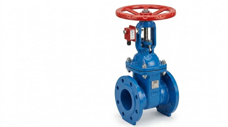 Van cổng giám sát siêu thực với công tắc chống phá hoại, thân bằng gang dẻo phủ epoxy màu xanh lam, tay quay màu đỏ, van cổng mặt bích, thiết bị phòng cháy chữa cháy