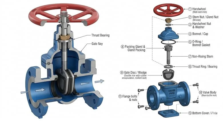 Mặt cắt ngang của van cổng không nâng trục DN100, thể hiện cấu tạo bên trong gồm trục, đĩa van, nắp van, gioăng đàn hồi, thân van và cơ cấu tay quay, hình minh họa kỹ thuật