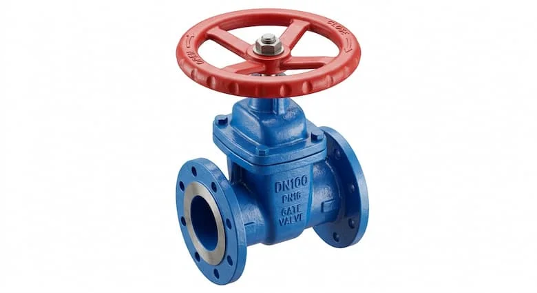Van cổng DN100 không nâng trục, siêu thực tế, thân bằng gang dẻo phủ epoxy màu xanh lam, tay quay màu đỏ, kết nối mặt bích, hình ảnh sản phẩm van công nghiệp