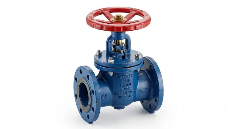 Van cổng trục không nâng cực kỳ chân thực, thân bằng gang dẻo phủ epoxy màu xanh lam, tay quay màu đỏ, đầu có mặt bích, hình ảnh sản phẩm van công nghiệp