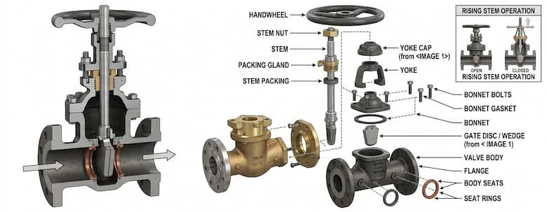 Mặt cắt ngang của van cổng nâng hạ, thể hiện trục van, đĩa van, nắp van, thân van, tay quay và các bộ phận làm kín, hình minh họa kỹ thuật, hình chiếu tháo rời với các bộ phận được đánh dấu