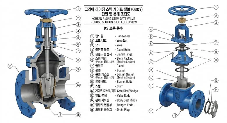Mặt cắt ngang của van cổng trục nâng kiểu Hàn Quốc, thể hiện trục, đĩa cổng, nắp van, thân van, tay quay và hệ thống làm kín, hình minh họa kỹ thuật, hình chiếu tháo rời với các bộ phận được chú thích