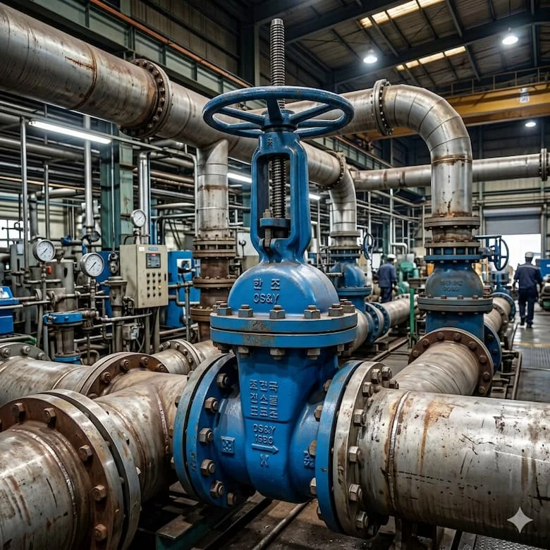 Van cổng nâng thân kiểu Hàn Quốc được lắp đặt trên hệ thống đường ống công nghiệp, ống thép mặt bích lớn, môi trường nhà máy, vị trí thân van nâng cao dễ nhìn thấy, kỹ thuật cơ sở hạ tầng công nghiệp