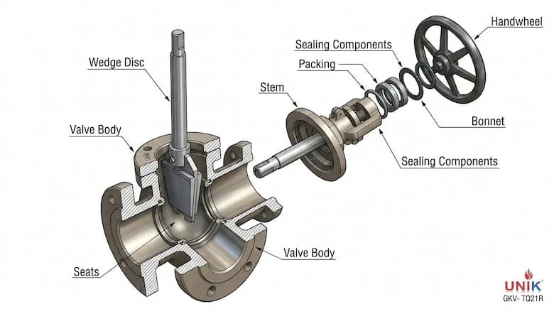 Hình chiếu mặt cắt của van cổng Unik thể hiện thân van, đĩa nêm, trục van, nắp van, các bộ phận làm kín và tay quay