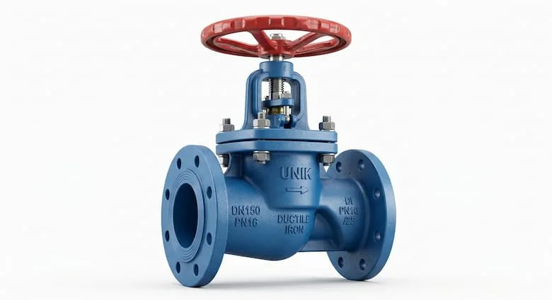 Van cổng Unik siêu thực, thân bằng gang dẻo phủ epoxy màu xanh lam, tay quay màu đỏ, van cổng mặt bích, hình ảnh sản phẩm van công nghiệp