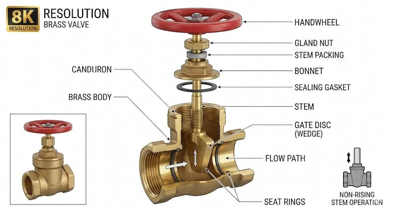 Hình ảnh kỹ thuật cắt ngang của một van cổng bằng đồng thau, thể hiện các bộ phận bên trong bao gồm thân van, trục van, đĩa van, nắp van, gioăng làm kín và tay quay