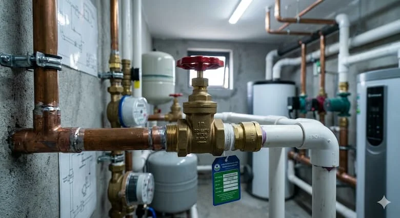 Van cổng bằng đồng thau thực tế được lắp đặt trong đường ống cấp nước dân dụng, kết nối ren, ống đồng và ống PVC, lắp đặt đường ống chuyên nghiệp, môi trường phòng máy sạch sẽ