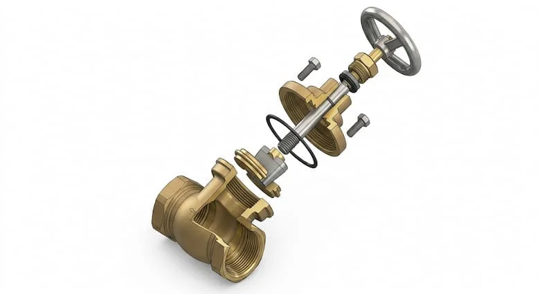 Hình ảnh kỹ thuật chi tiết các bộ phận của van cổng bằng đồng thau Sanwa, bao gồm thân van, nắp van, trục van, đĩa van, tay quay và các bộ phận làm kín