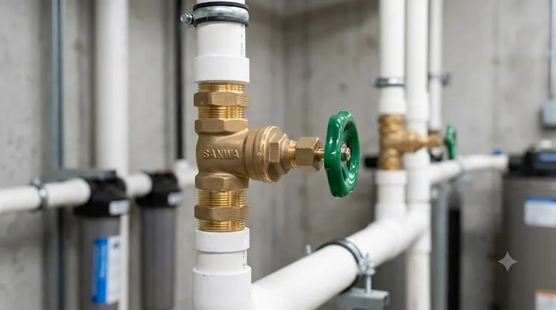 Van cổng bằng đồng thau Sanwa được lắp đặt trên đường ống cấp nước dân dụng, kết nối với các phụ kiện bằng đồng thau và ống PVC, môi trường phòng máy sạch, hệ thống đường ống công nghiệp thực tế