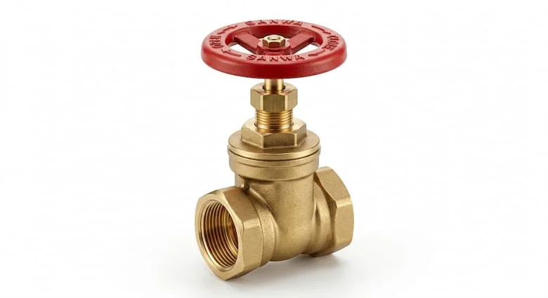 Hình ảnh sản phẩm cực kỳ chân thực của một van cổng bằng đồng thau Sanwa, thân bằng đồng thau được đánh bóng, tay quay màu đỏ