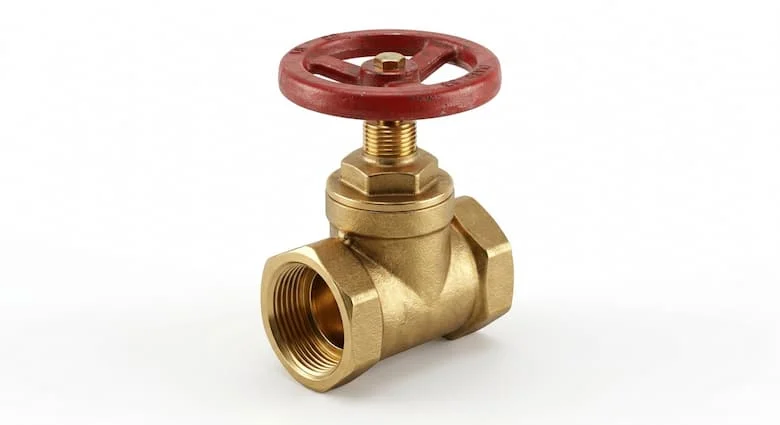 Hình ảnh sản phẩm cực kỳ chân thực về một van cổng bằng đồng thau, thân bằng đồng thau được đánh bóng với tay quay bằng kim loại màu đỏ, được chụp riêng biệt trên nền trắng tinh khiết, van đường ống công nghiệp