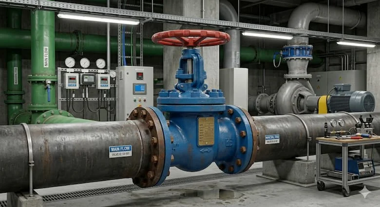 Van cổng gang được lắp đặt trên đường ống cấp nước đô thị, van cổng mặt bích màu xanh lam được kết nối với các đường ống nước lớn, môi trường nhà máy xử lý nước