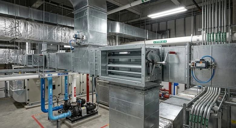 Van điều tiết gió HVAC được lắp đặt bên trong hệ thống ống dẫn khí mạ kẽm, mạng lưới thông gió tòa nhà thương mại, phòng máy hiện đại, môi trường công nghiệp thực tế