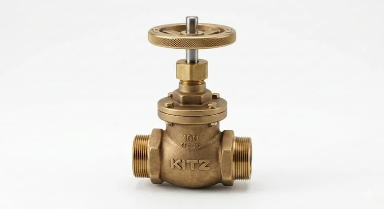 Van cổng KITZ, van công nghiệp cao cấp của Nhật Bản, van cổng bằng đồng thau có tay quay, chụp riêng trên nền trắng, ảnh sản phẩm chuyên nghiệp
