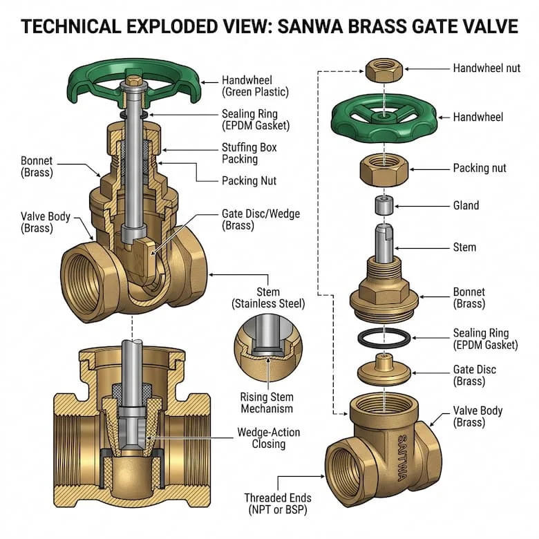 Hình ảnh kỹ thuật cắt ngang của van cổng bằng đồng thau Sanwa, thể hiện các bộ phận bên trong: thân van, trục van, đĩa van, nắp van, vòng đệm, tay quay