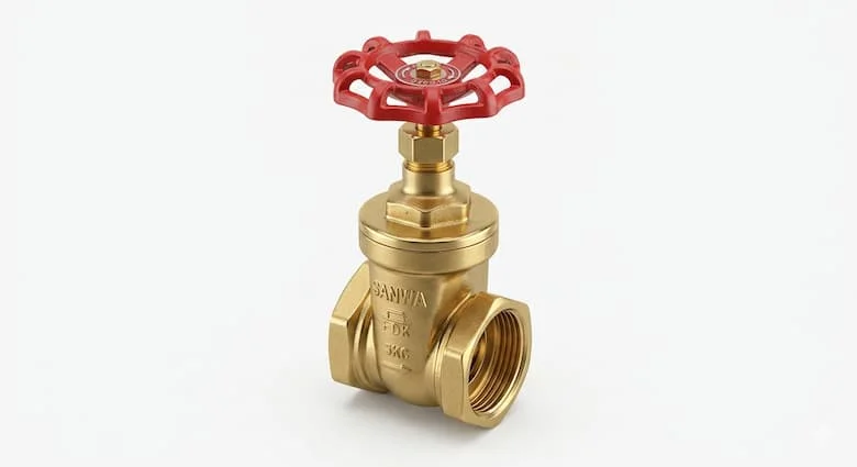 Hình ảnh sản phẩm cực kỳ chân thực về van cổng bằng đồng thau Sanwa, thân bằng đồng thau đánh bóng, tay quay màu đỏ, được chụp riêng trên nền trắng, thiết bị van công nghiệp