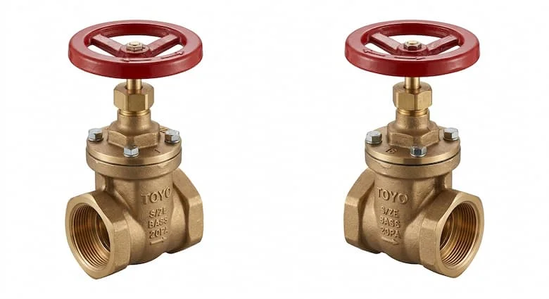 Hình ảnh sản phẩm cực kỳ chân thực của van cổng Toyo, thân bằng đồng thau với tay quay màu đỏ, được chụp riêng trên nền trắng tinh khiết, thiết bị van công nghiệp
