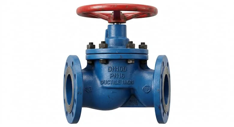 Hình ảnh sản phẩm cực kỳ chân thực về van cổng không nâng thân, thân bằng gang dẻo phủ epoxy màu xanh lam, tay quay màu đỏ, van cổng công nghiệp