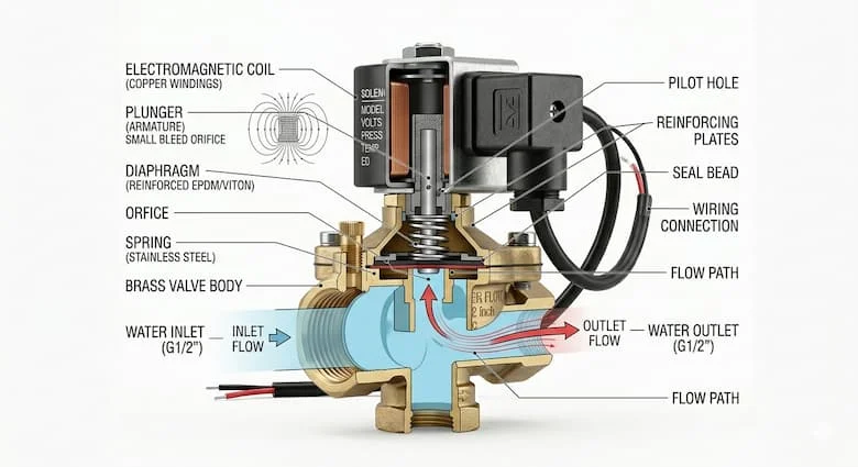 Sơ đồ kỹ thuật cắt ngang của van điện từ bơm nước, thể hiện các bộ phận bên trong bao gồm thân van, cuộn dây điện từ, pít tông, màng ngăn, lò xo, đầu vào và đầu ra nước