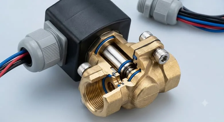 hình ảnh cận cảnh (close-up) chất lượng 4K của một van điện từ khí công nghiệp với góc chụp nghiêng 45 độ. Hiển thị rõ thân van bằng đồng hoặc inox, cuộn coil điện từ màu đen, đầu kết nối ren, lõi từ, bu lông và các chi tiết cơ khí sắc nét