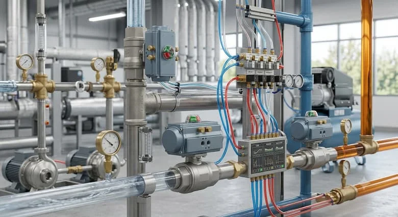 khung cảnh công nghiệp chân thực thể hiện các van điều khiển bằng khí nén được lắp đặt trong một nhà máy chế biến tự động hiện đại. Các van được gắn trên đường ống thép không gỉ, điều khiển dòng chảy của nước, khí nén và chất lỏng công nghiệp