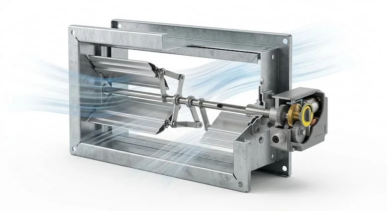 hình minh họa 3D cắt ngang thực tế của một van gió điện, thể hiện các bộ phận bên trong. Hiển thị khung thép mạ kẽm, cánh nhôm, trục quay, cơ cấu liên kết, bộ truyền động điện, hộp số và hướng luồng không khí qua ống dẫn