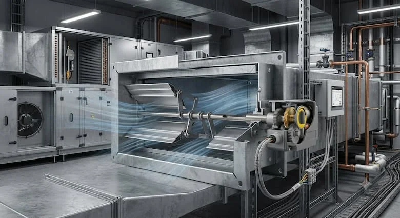 cảnh HVAC công nghiệp chân thực như ảnh chụp, thể hiện một van gió điều khiển bằng điện được lắp đặt bên trong một ống thông gió lớn mạ kẽm. Bộ truyền động được kết nối với Hệ thống Quản lý Tòa nhà (BMS), bao quanh là các thiết bị xử lý không khí (AHU), hệ thống ống dẫn và thiết bị thông gió trong một tòa nhà thương mại hiện đạ