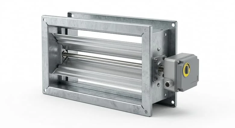 ảnh sản phẩm độ phân giải cao, siêu thực về một van gió điều khiển bằng điện (van điều khiển điện). Van gió có khung hình chữ nhật bằng thép mạ kẽm với nhiều cánh bằng nhôm và một bộ truyền động điện được gắn ở bên cạnh