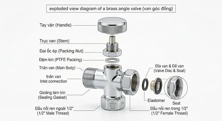  sơ đồ chi tiết các bộ phận tháo rời của van góc đồng, thể hiện tất cả các bộ phận bên trong bao gồm thân van bằng đồng, trục van, tay cầm, gioăng làm kín, đĩa van, các mối nối ren, bản vẽ kỹ thuật