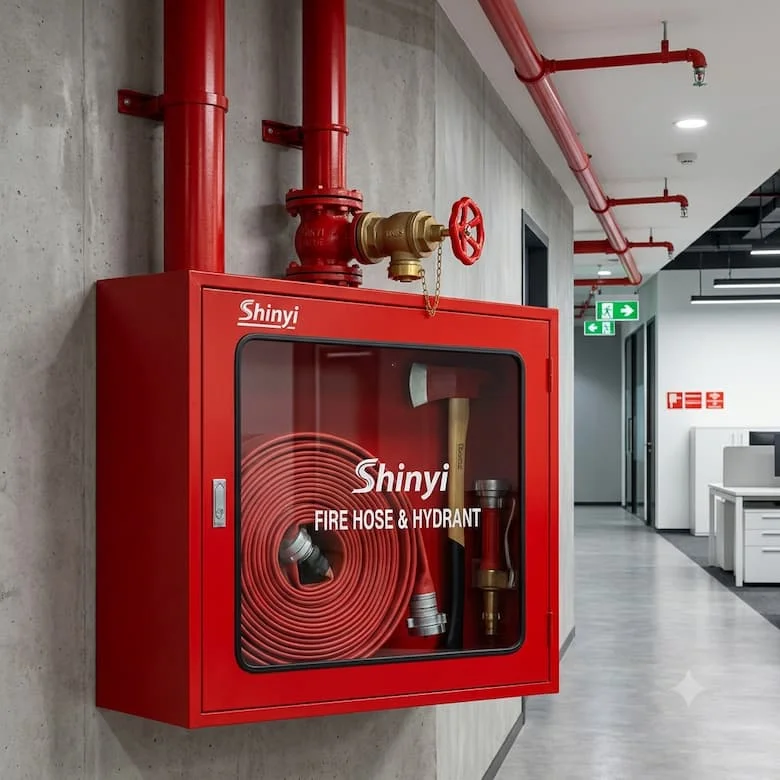  hệ thống phòng cháy chữa cháy thực tế bên trong một tòa nhà thương mại, với các van góc Shinyi được lắp đặt trong tủ vòi chữa cháy. Hình ảnh rõ nét bao gồm cuộn vòi chữa cháy, đầu ra trụ cứu hỏa, hệ thống đường ống màu đỏ, thiết bị phòng cháy chữa cháy và mạng lưới cấp nước khẩn cấp