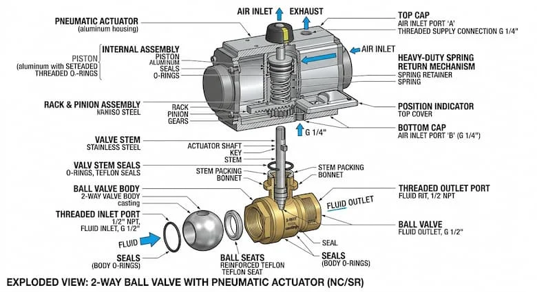  sơ đồ kỹ thuật chi tiết của van khí nén hai chiều, thể hiện bộ truyền động khí nén, piston, cơ cấu lò xo hồi vị, trục van, thân van bi, gioăng, lỗ thông khí và các mối nối ren.
