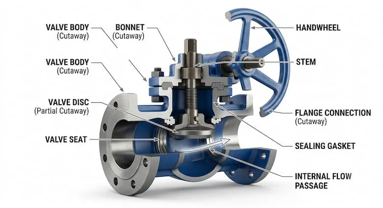 hình minh họa 3D cắt ngang chi tiết của van công nghiệp KSB, thể hiện cấu trúc bên trong. Hiển thị thân van, nắp van, đĩa van, đế van, trục van, gioăng làm kín, tay quay, các mối nối mặt bích và đường dẫn dòng chảy bên trong.