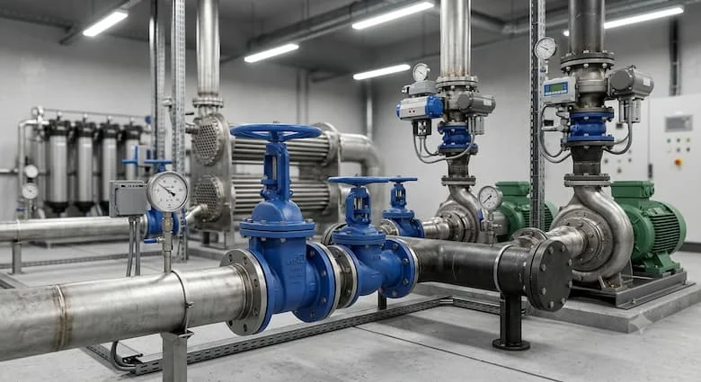 một khung cảnh công nghiệp chân thực thể hiện các van KSB được lắp đặt trong một hệ thống xử lý nước và bơm công nghiệp hiện đại. Các van được kết nối với các đường ống lớn bằng thép không gỉ và thép carbon với máy bơm ly tâm, đồng hồ đo áp suất, động cơ điện, bộ trao đổi nhiệt, thiết bị lọc và hệ thống điều khiển tự động