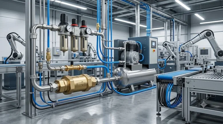 Van một chiều khí nén được lắp đặt trong hệ thống đường ống khí nén, máy nén khí, bộ lọc, bộ điều chỉnh và thiết bị tự động hóa công nghiệp, môi trường nhà máy hiện đại, ứng dụng công nghiệp thực tế