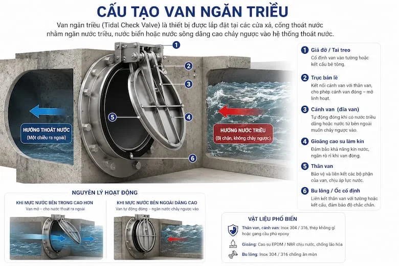 Hình ảnh cấu tạo cảu van chống ngập chi tiết các bộ phận và hướng dòng chảy
