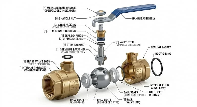 sơ đồ kỹ thuật chi tiết của van nước bằng đồng thau DN20, thể hiện thân van, cơ cấu bi, trục van, tay cầm, gioăng làm kín, đầu ren, nhãn kỹ thuật chi tiết, hình minh họa kỹ thuật công nghiệp